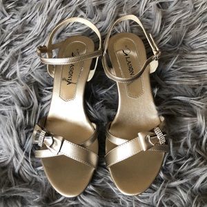 Pale champagne heels.